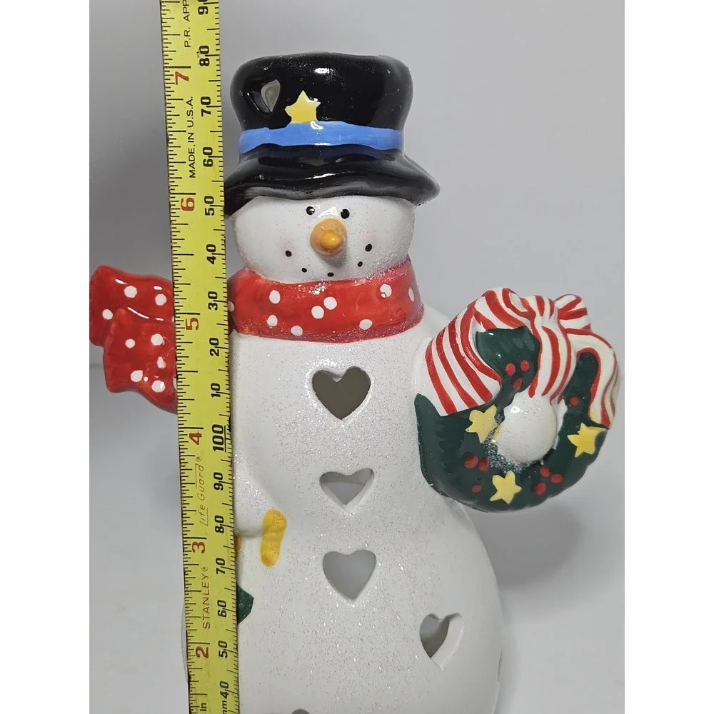 Hallmark Ceramic Snowman Tealight Candle Holder Heart Cutouts Christmas Vintage